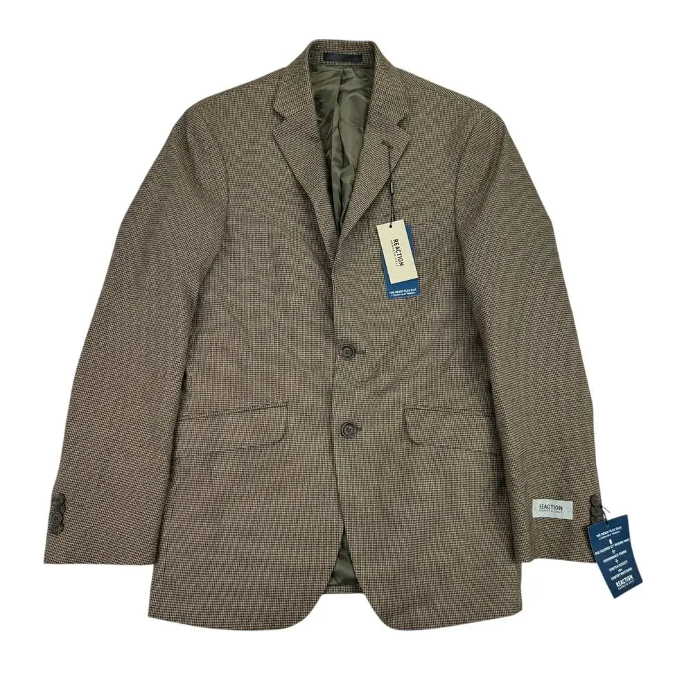 Kenneth Cole Mens Slim Fit Ready Flex Houndstooth Suit Jacket Tan Brown 36R